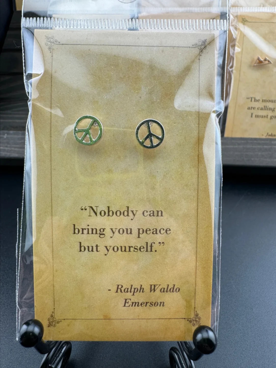 Bookish Quote Earrings - Silver Peace Sign Ralph Waldo Emerson