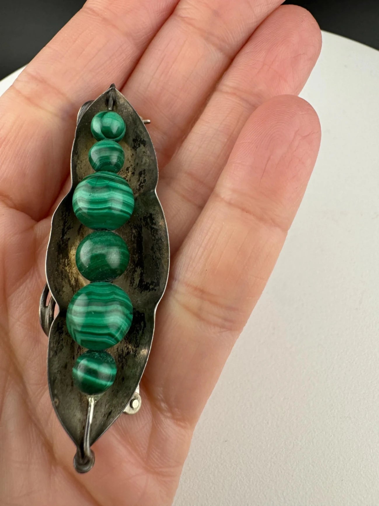 Vintage Silver & Malachite Peas in a Pod Brooch