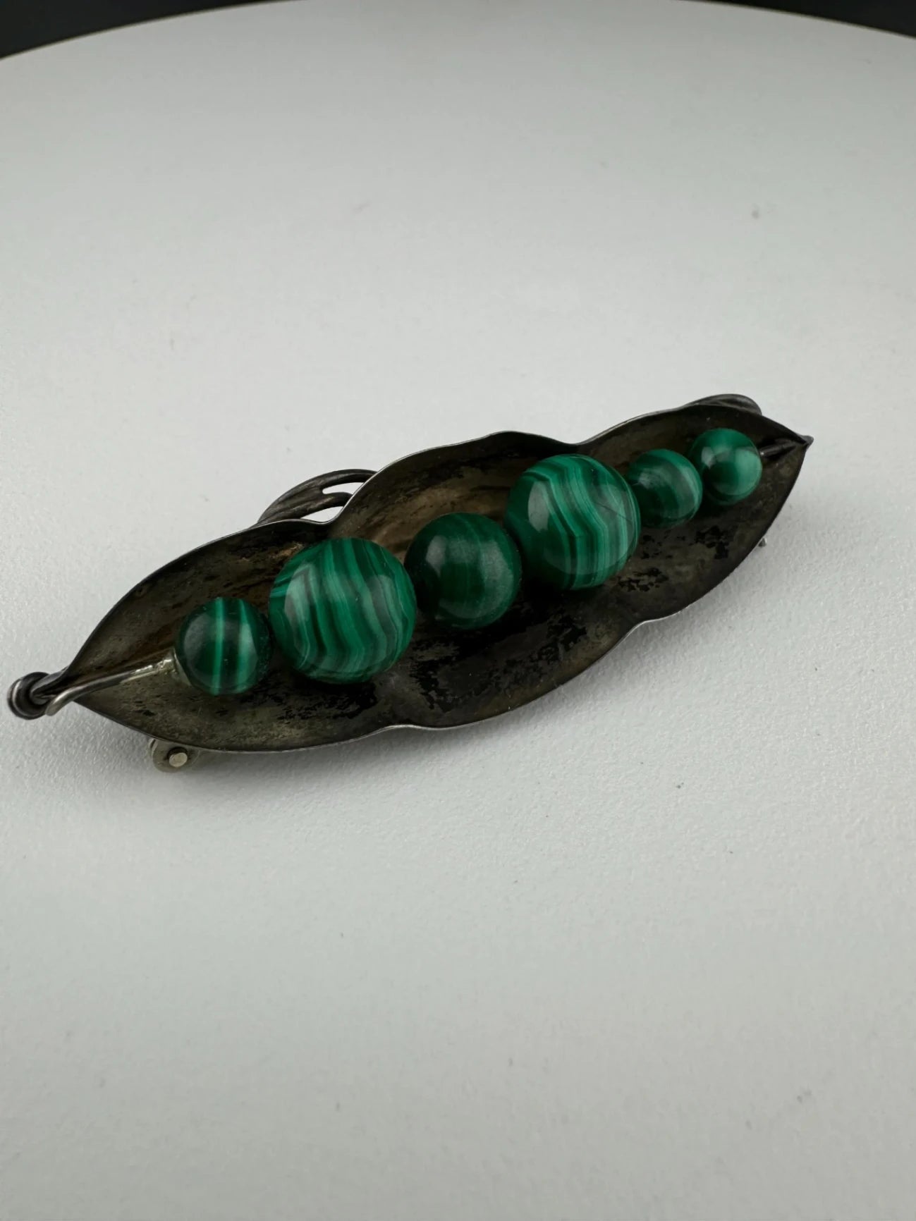 Vintage Silver & Malachite Peas in a Pod Brooch
