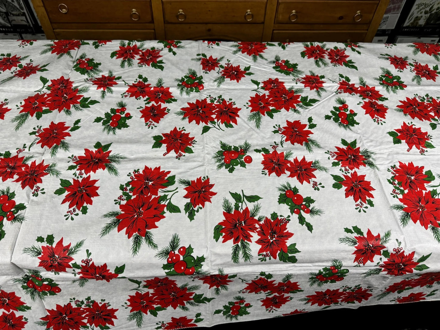 Vintage Flannel-Backed Vinyl Poinsettia Tablecloth