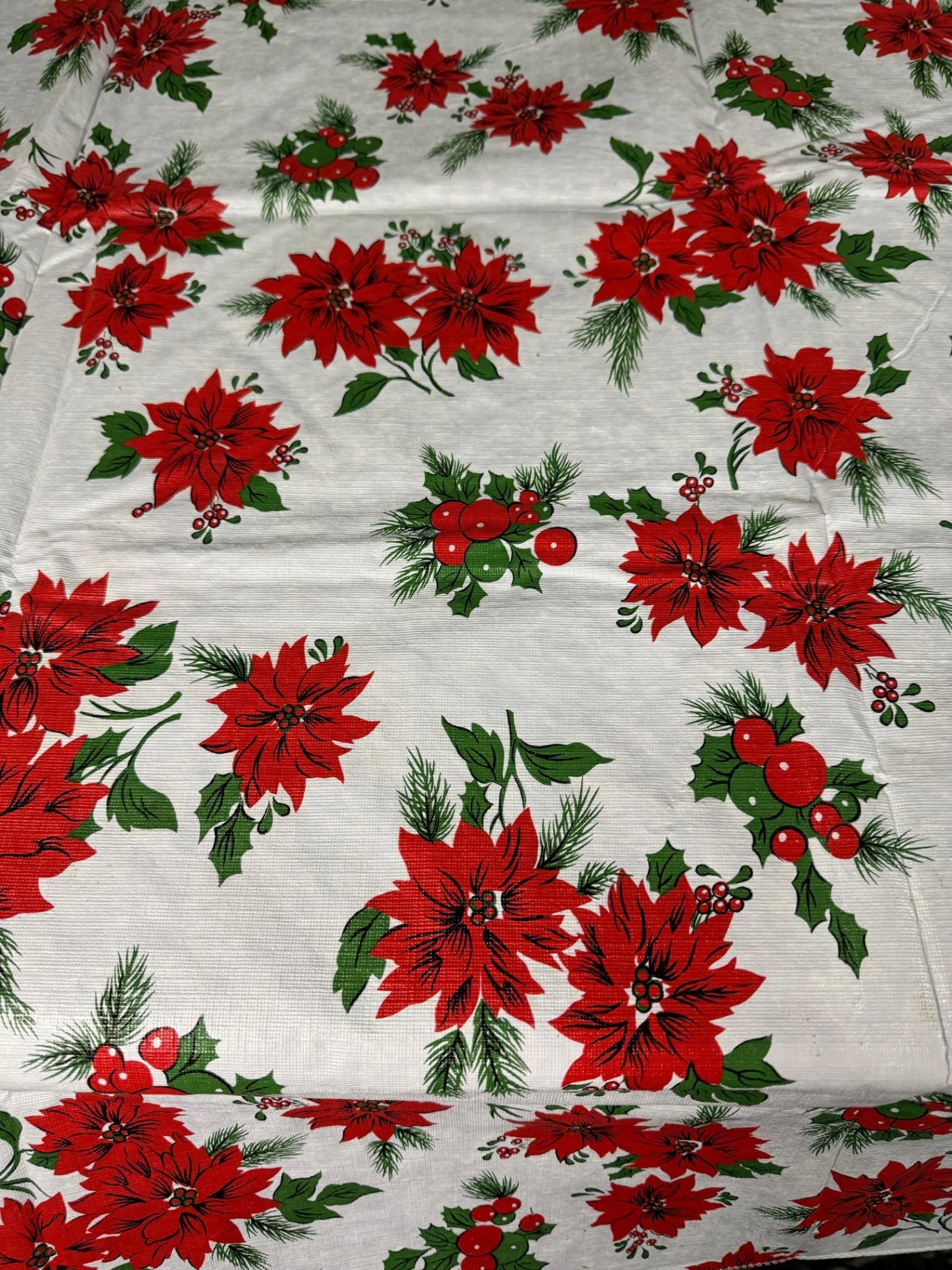 Vintage Flannel-Backed Vinyl Poinsettia Tablecloth