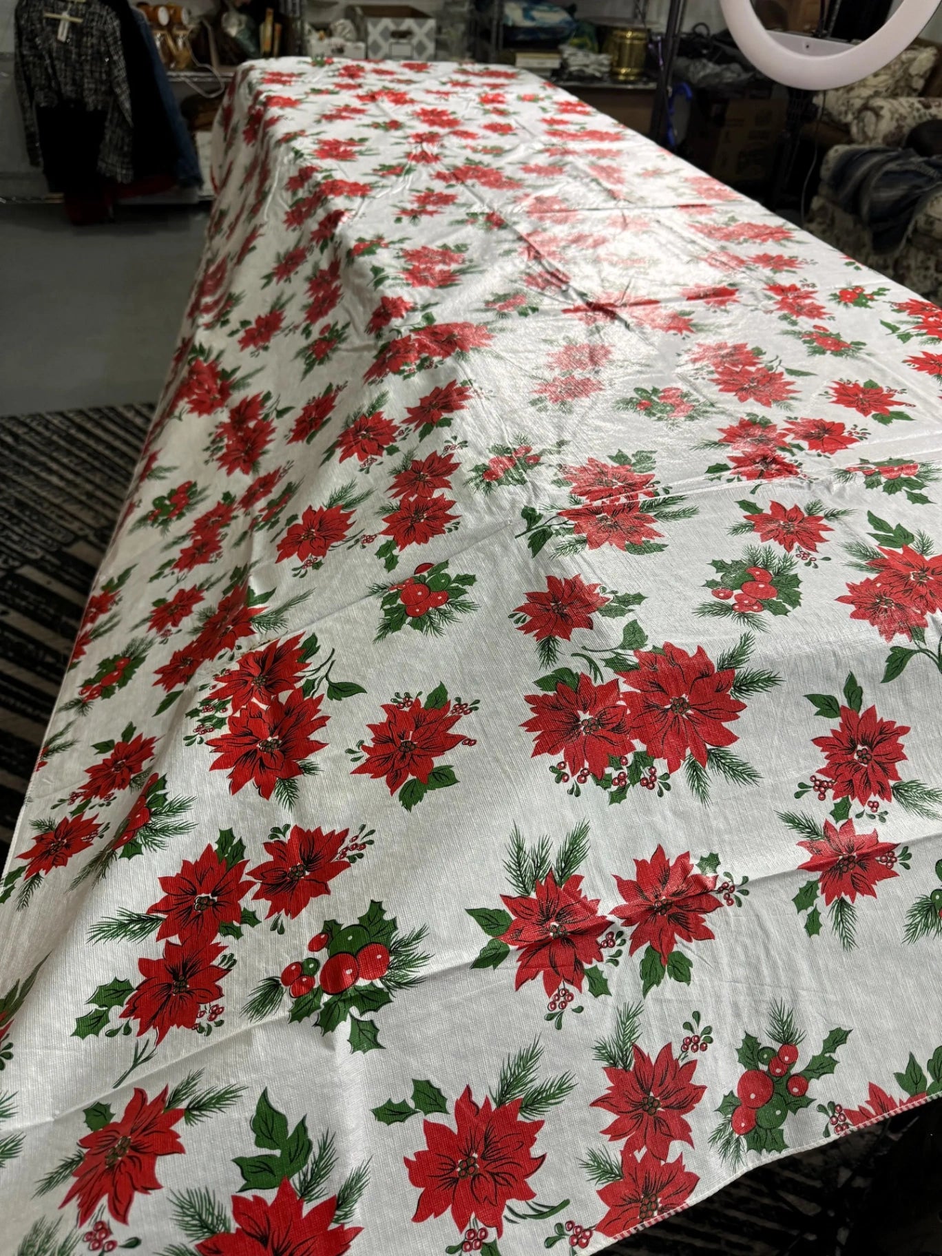 Vintage Flannel-Backed Vinyl Poinsettia Tablecloth