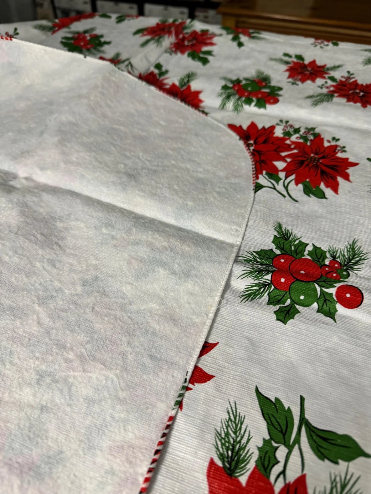 Vintage Flannel-Backed Vinyl Poinsettia Tablecloth