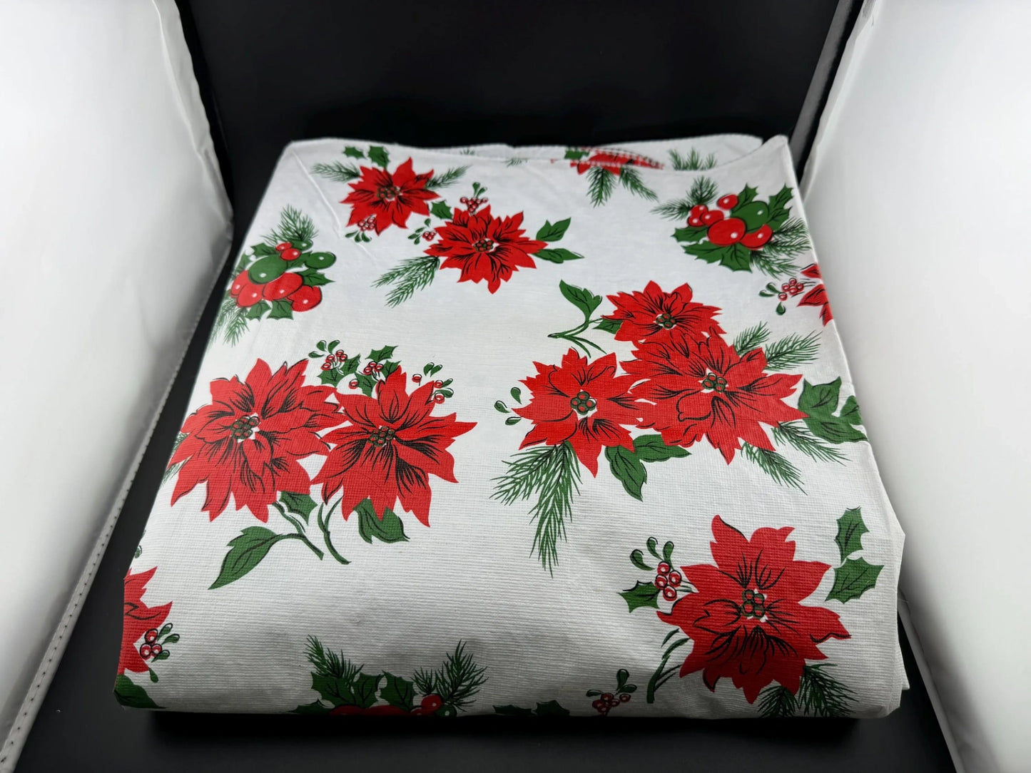 Vintage Flannel-Backed Vinyl Poinsettia Tablecloth