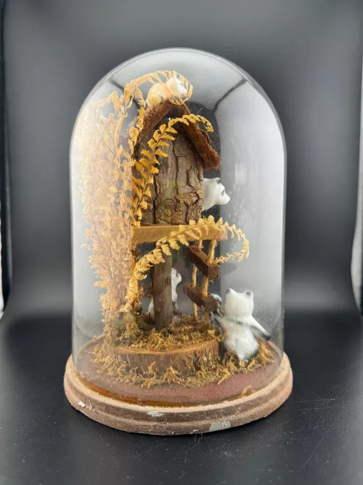 Vintage Kitschy Ceramic Animals in a Treehouse Diorama Terrarium