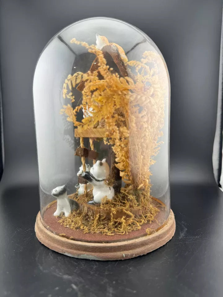 Vintage Kitschy Ceramic Animals in a Treehouse Diorama Terrarium