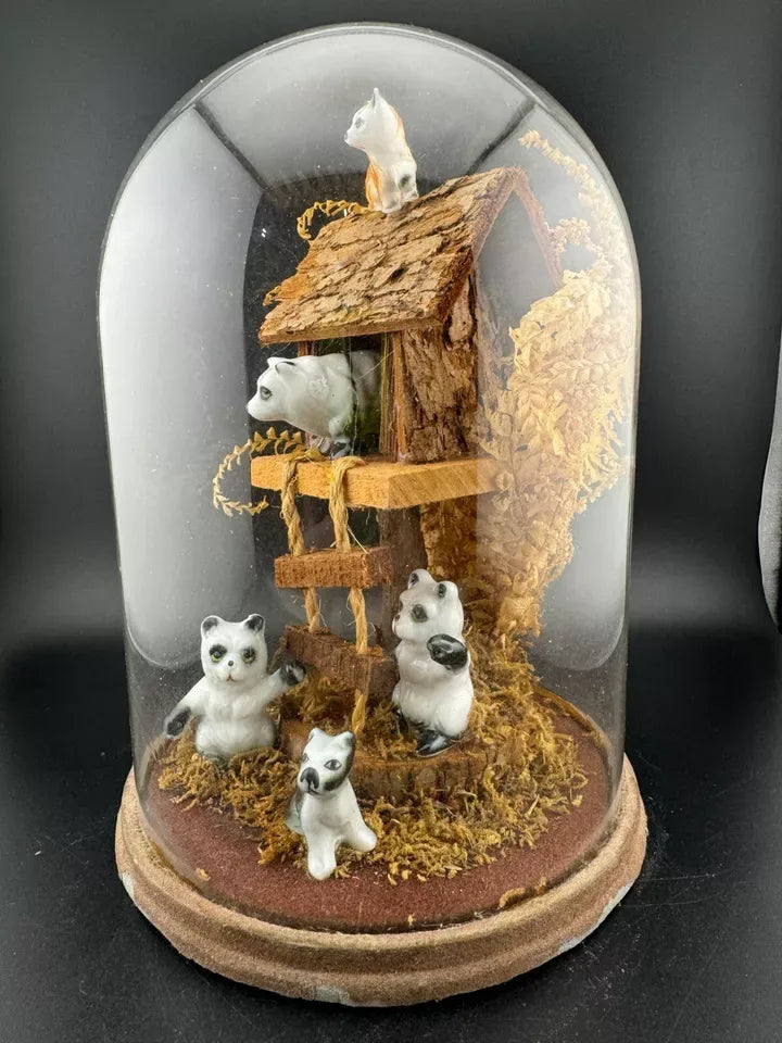 Vintage Kitschy Ceramic Animals in a Treehouse Diorama Terrarium