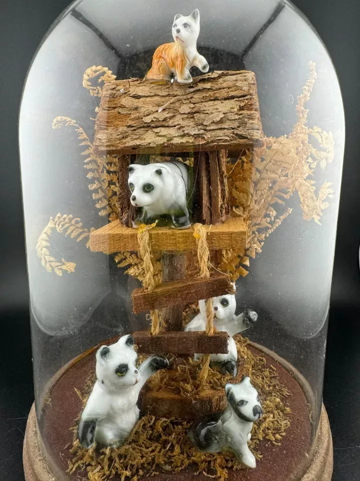 Vintage Kitschy Ceramic Animals in a Treehouse Diorama Terrarium