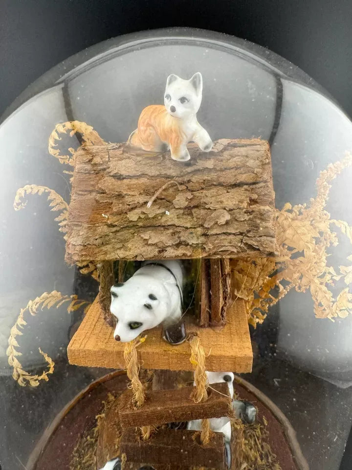 Vintage Kitschy Ceramic Animals in a Treehouse Diorama Terrarium
