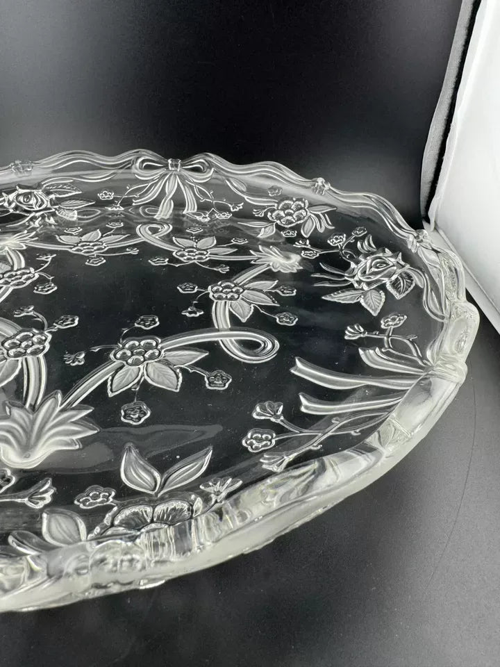 Clear Pressed Glass Floral Footed Serving Plate