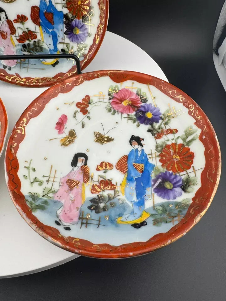 Vintage Set of Hand Painted Japanese Style Saucers
