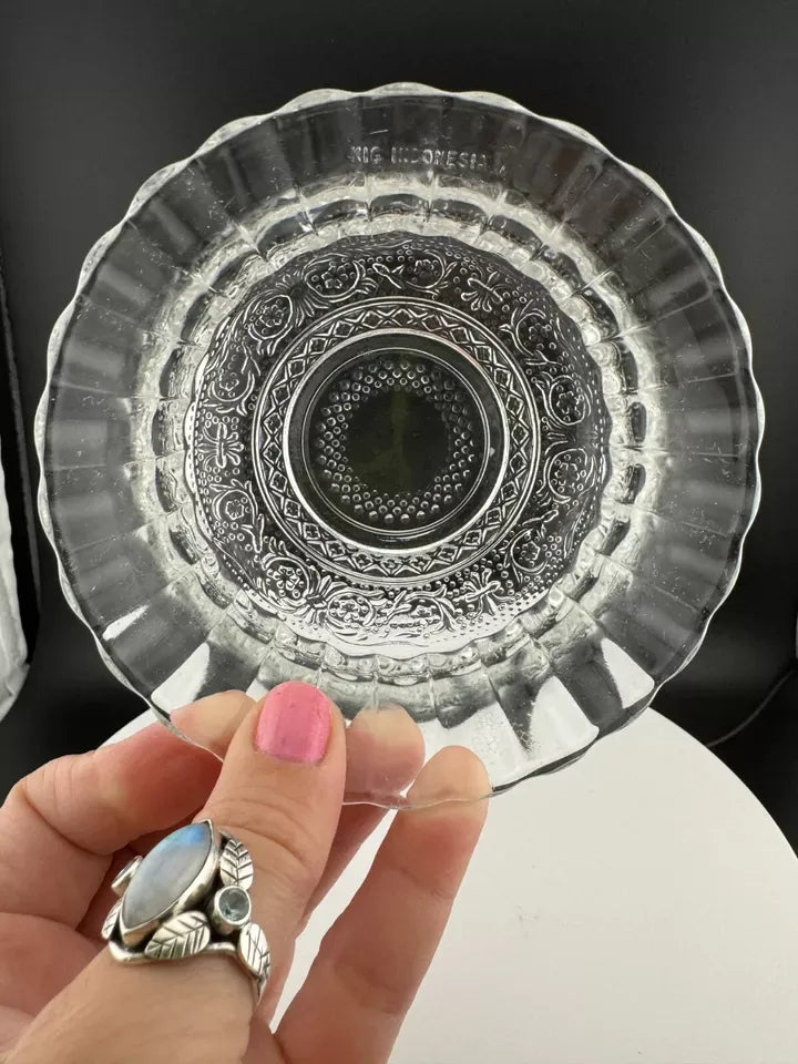 Vintage KIG Indonesia Clear Glass Fleur de Lis Dessert Bowl