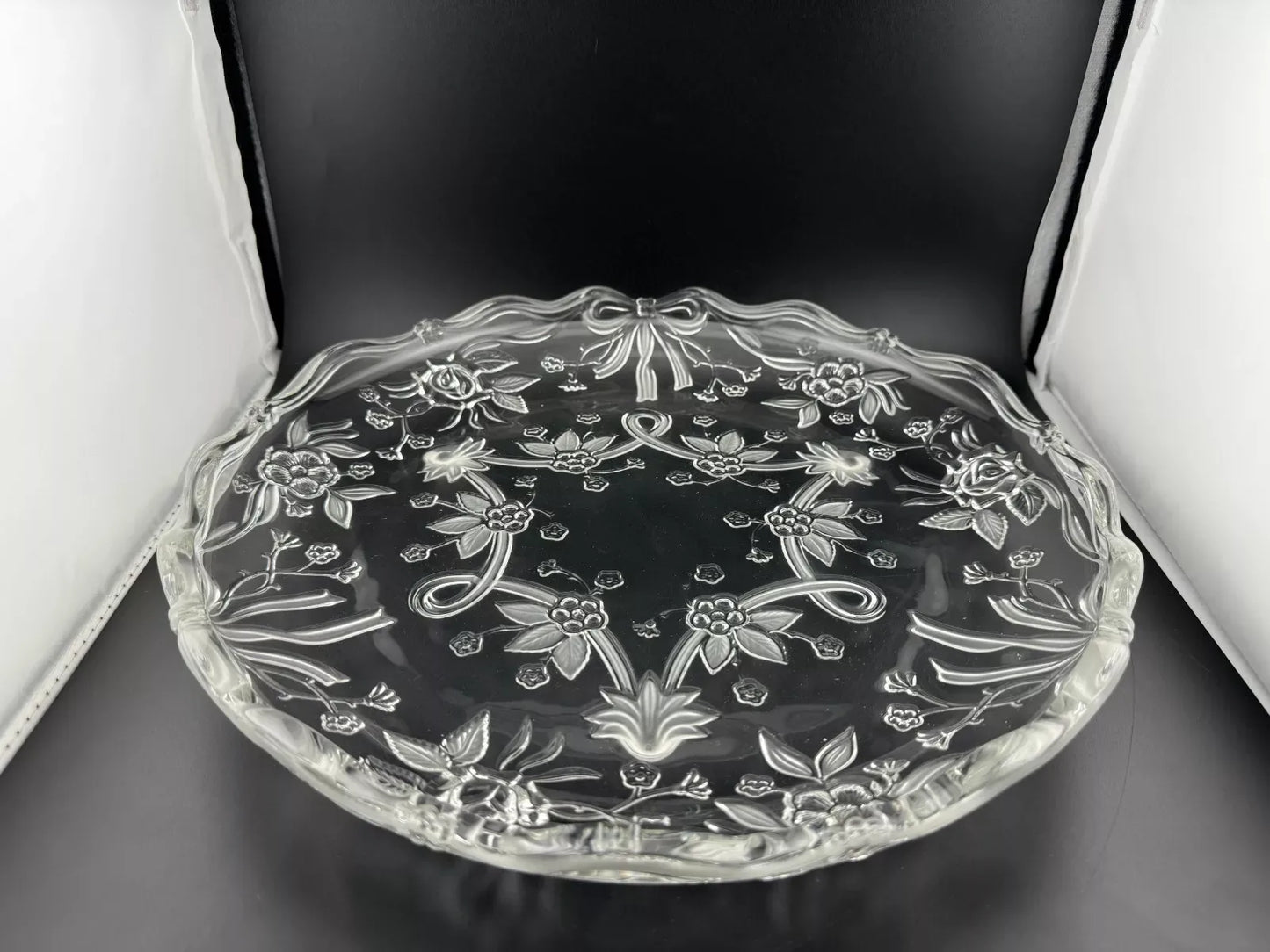 Clear Pressed Glass Floral Footed Serving Plate
