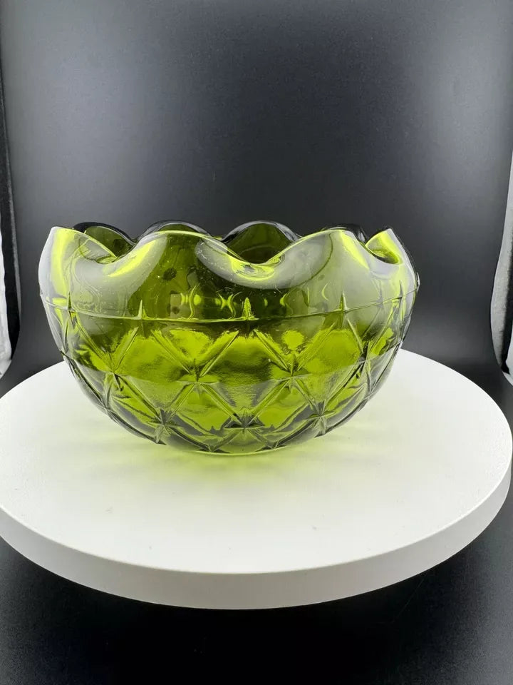 Vintage Indiana Glass Green Ruffled Edged Diamond Quilted Bowl