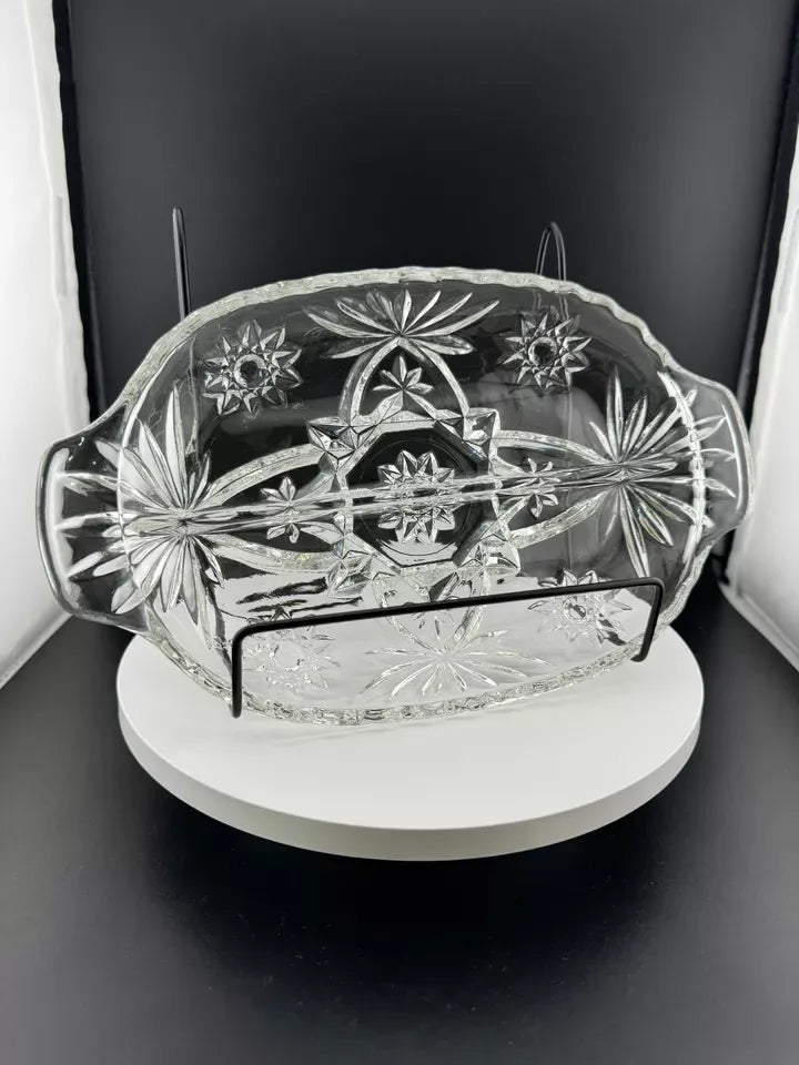 Vintage Two Handle Pressed Glass Two Part Relish Dish/Candy Dish