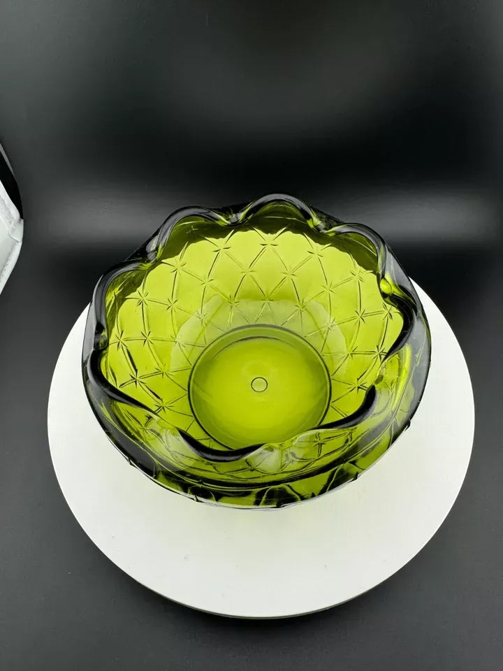 Vintage Indiana Glass Green Ruffled Edged Diamond Quilted Bowl