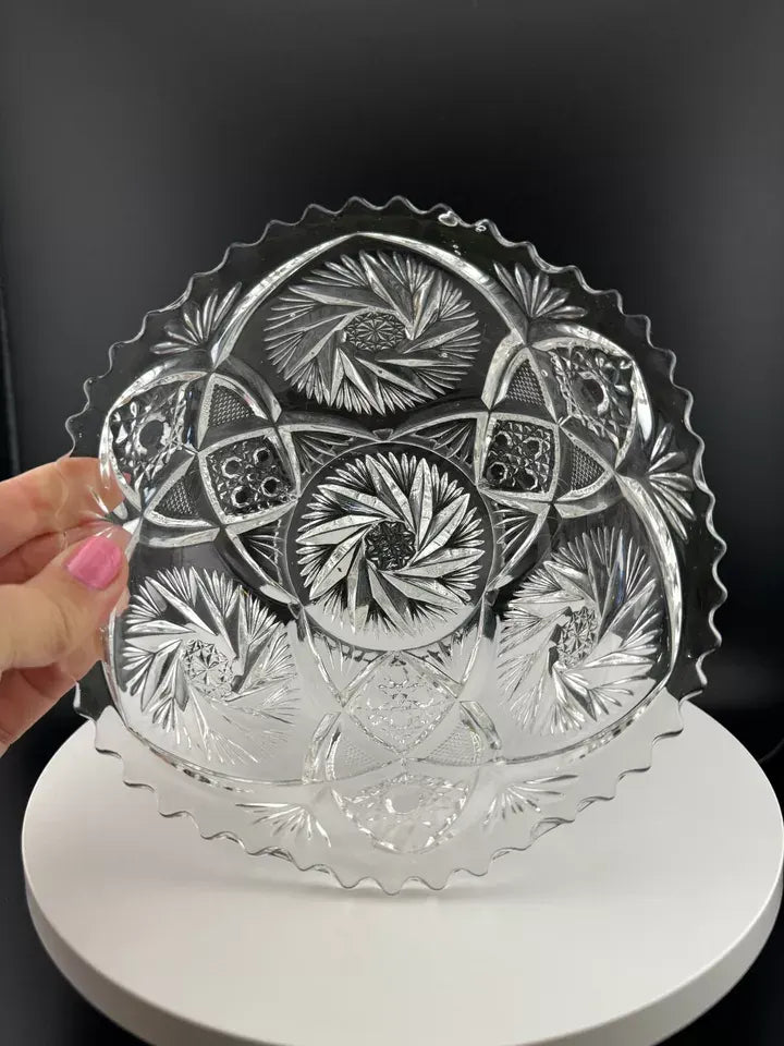 Vintage Cut Glass Candy Bowl with Pinwheel Pattern