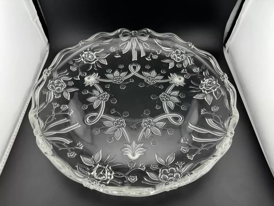 Clear Pressed Glass Floral Footed Serving Plate