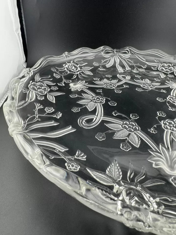 Clear Pressed Glass Floral Footed Serving Plate