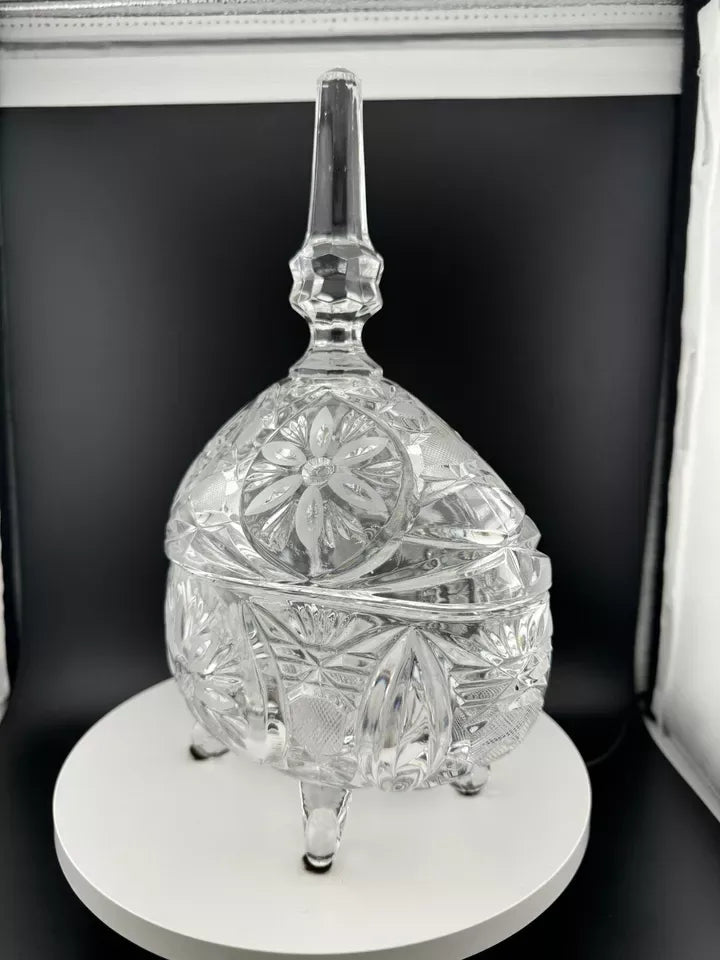 Vintage Footed, Lidded Oval Crystal Candy Dish with Floral Pattern