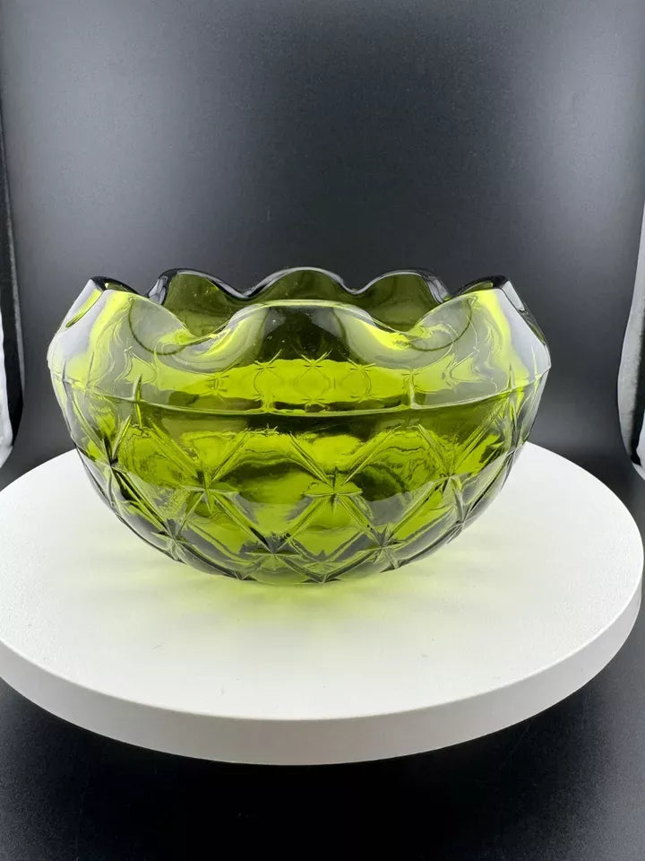 Vintage Indiana Glass Green Ruffled Edged Diamond Quilted Bowl