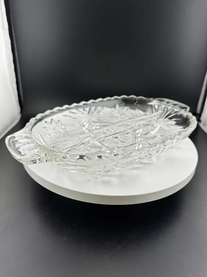 Vintage Two Handle Pressed Glass Two Part Relish Dish/Candy Dish