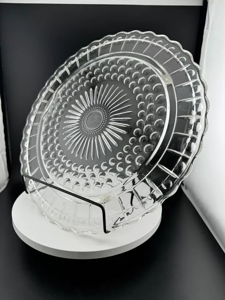 Vintage Federal Glass Sunflower Bubbles Scallop Footed Cake Plate