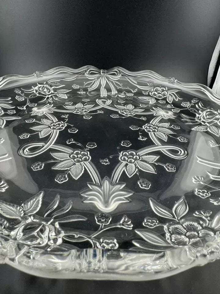 Clear Pressed Glass Floral Footed Serving Plate