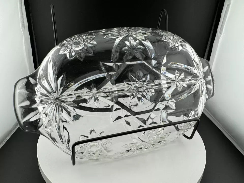 Vintage Two Handle Pressed Glass Two Part Relish Dish/Candy Dish