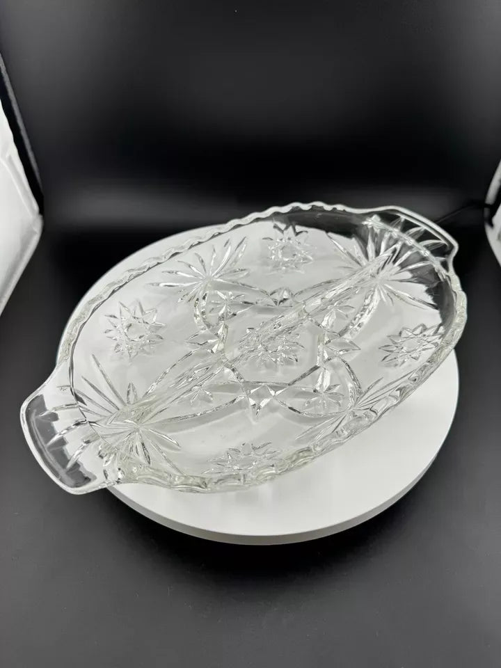 Vintage Two Handle Pressed Glass Two Part Relish Dish/Candy Dish