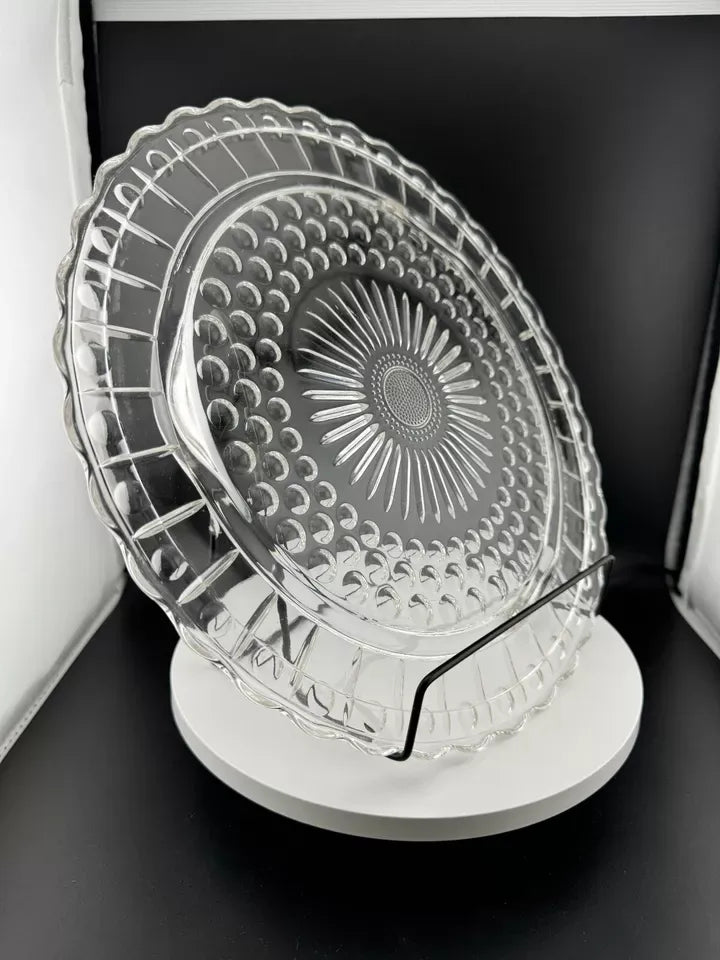 Vintage Federal Glass Sunflower Bubbles Scallop Footed Cake Plate