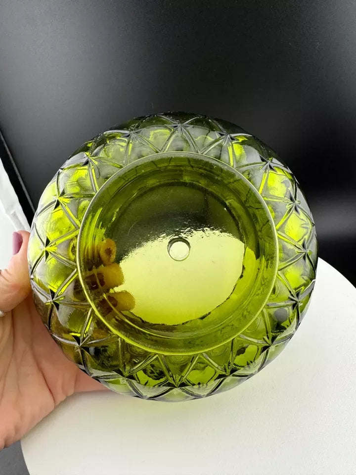 Vintage Indiana Glass Green Ruffled Edged Diamond Quilted Bowl