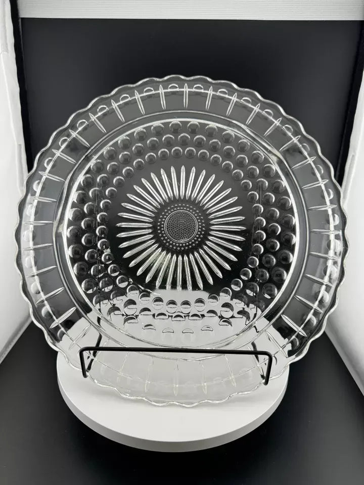 Vintage Federal Glass Sunflower Bubbles Scallop Footed Cake Plate