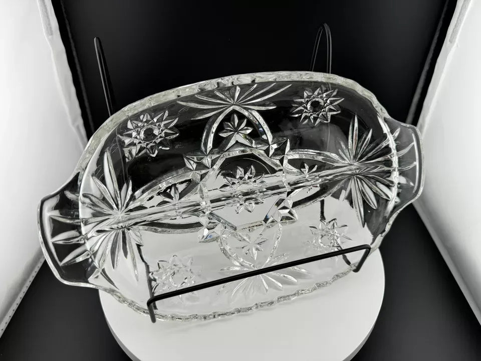 Vintage Two Handle Pressed Glass Two Part Relish Dish/Candy Dish