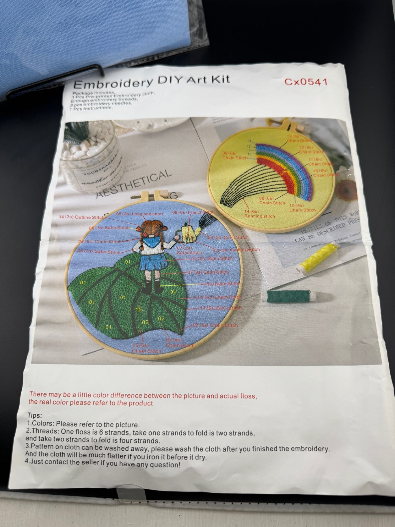 New 2-Part Embroidery Kit, Girl & Rainbow - Cx0541