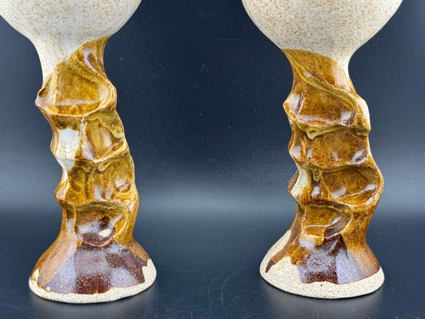 Pair of Handmade Glazed Pottery Wine Goblets