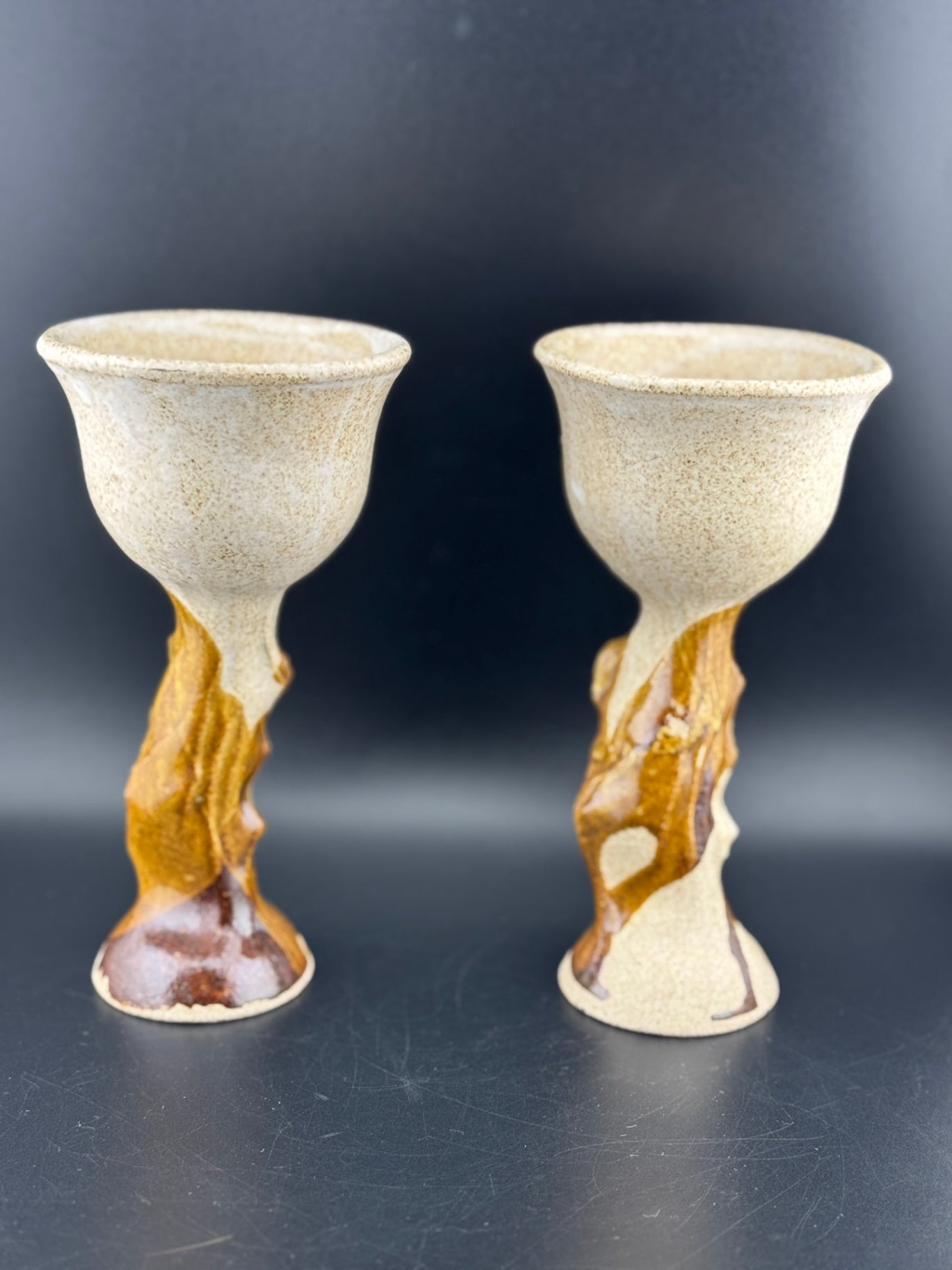 Pair of Handmade Glazed Pottery Wine Goblets