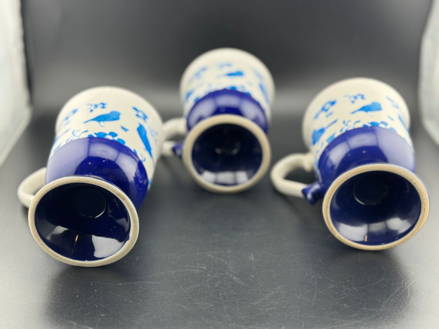 Set of 3 Pedestal Blue Bird Mugs