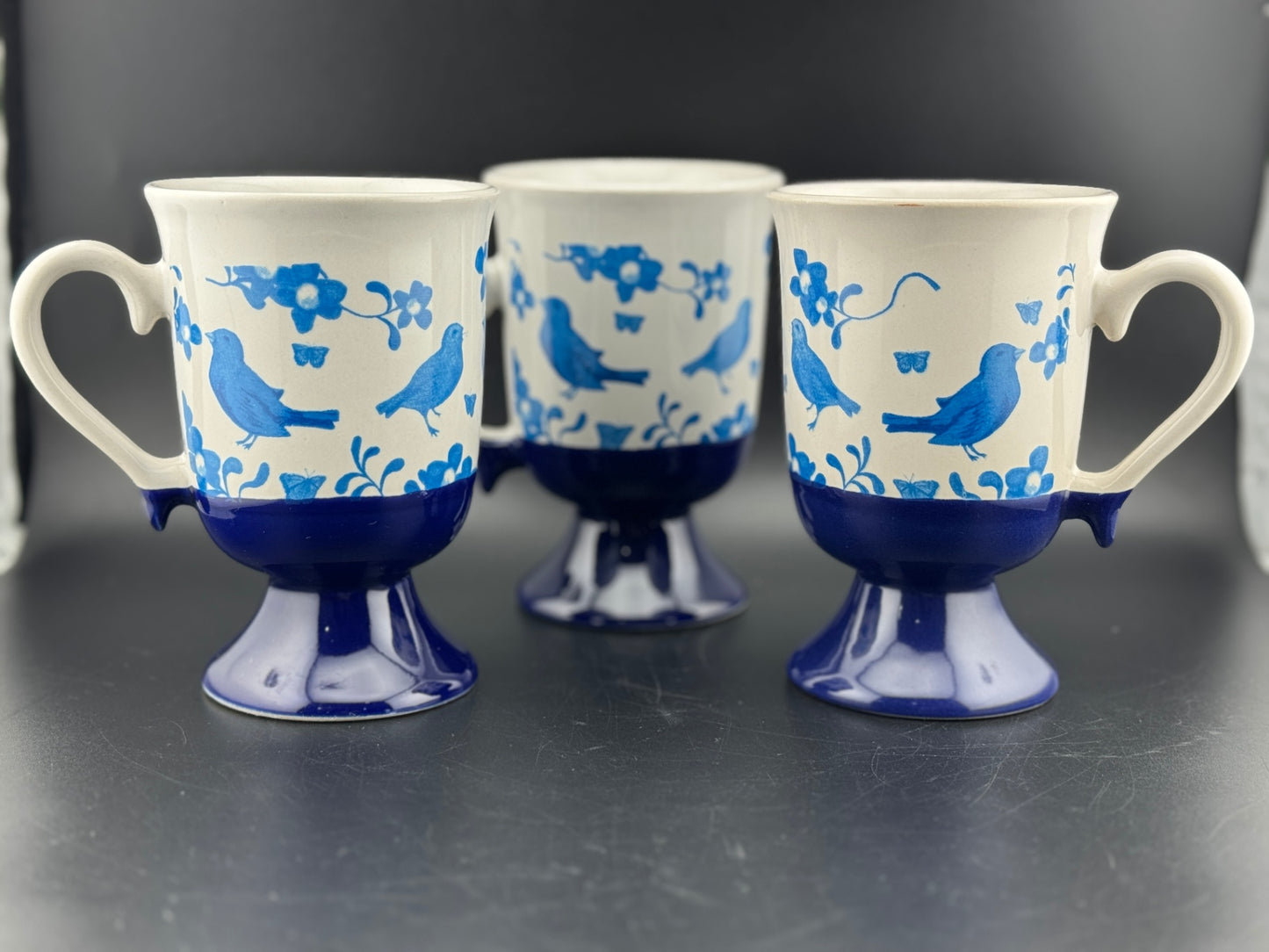 Set of 3 Pedestal Blue Bird Mugs
