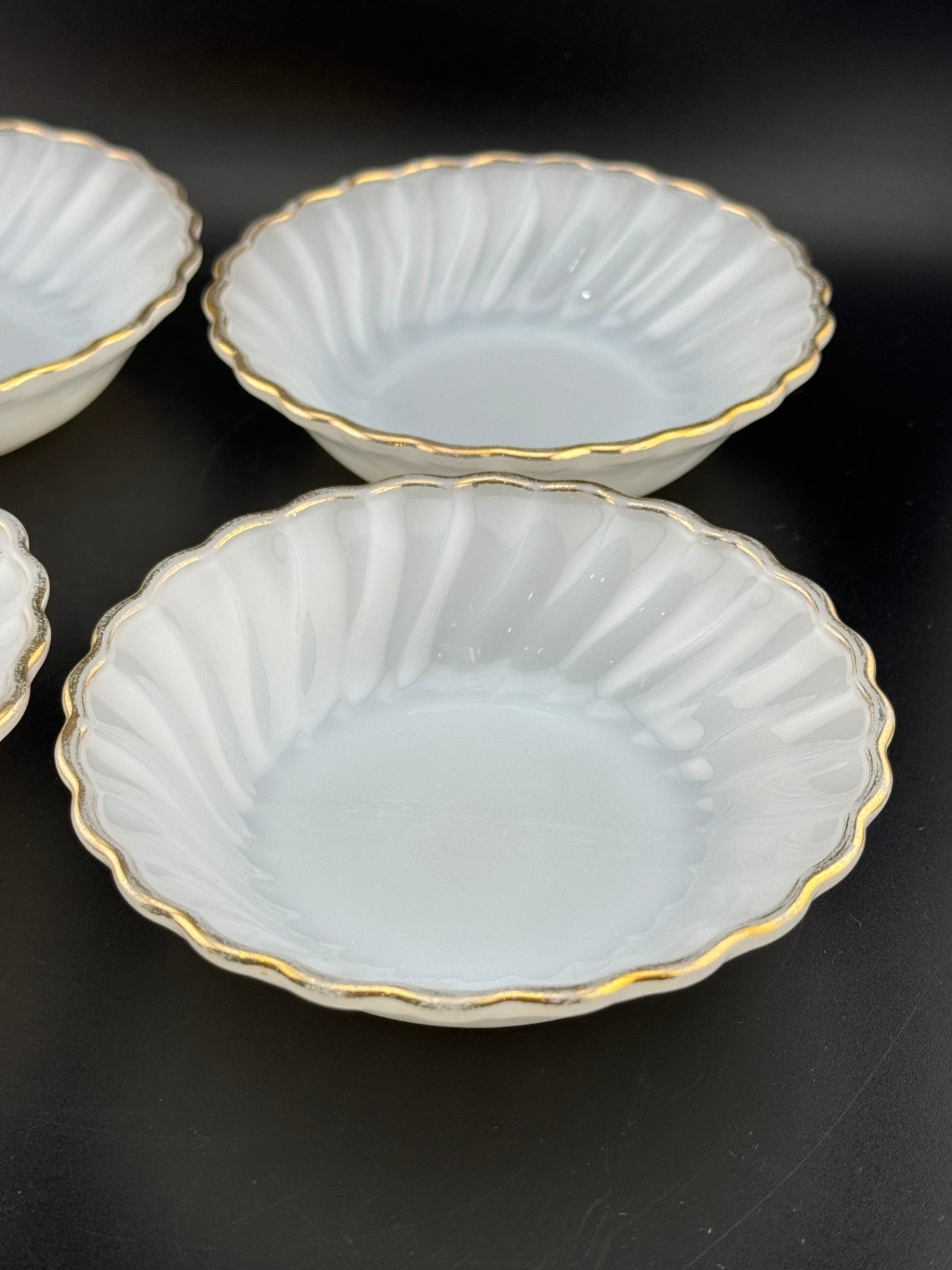 Vintage Anchor Hocking Gold Rimmed Milk Glass Berry Bowls - Set of 4