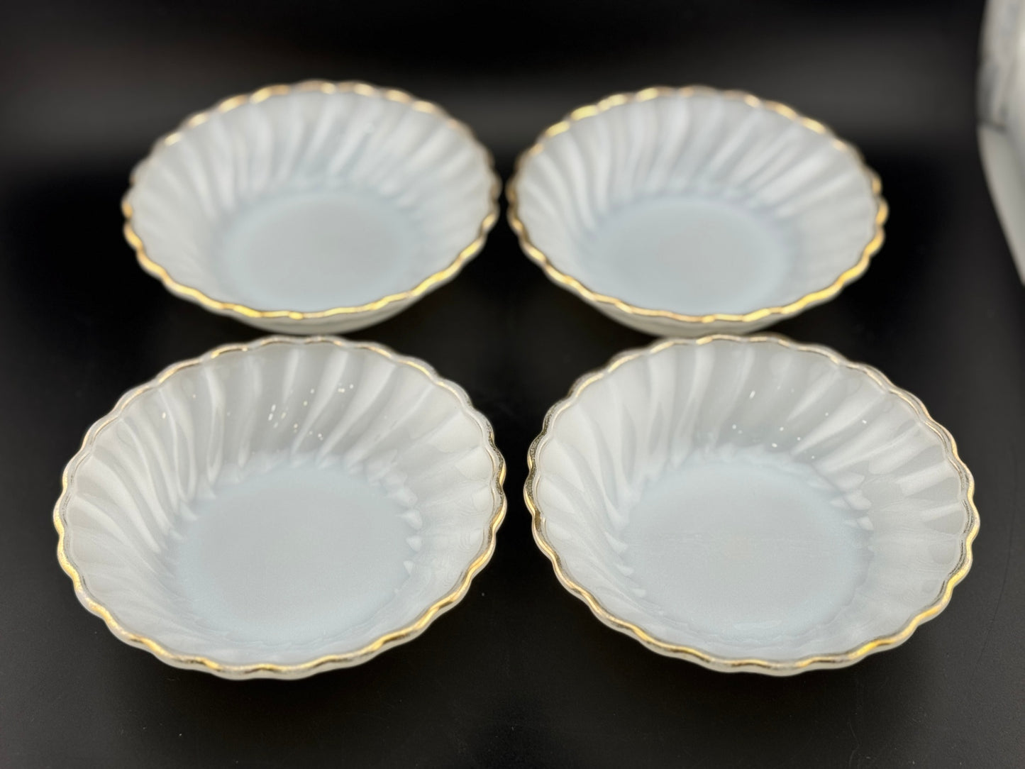 Vintage Anchor Hocking Gold Rimmed Milk Glass Berry Bowls - Set of 4