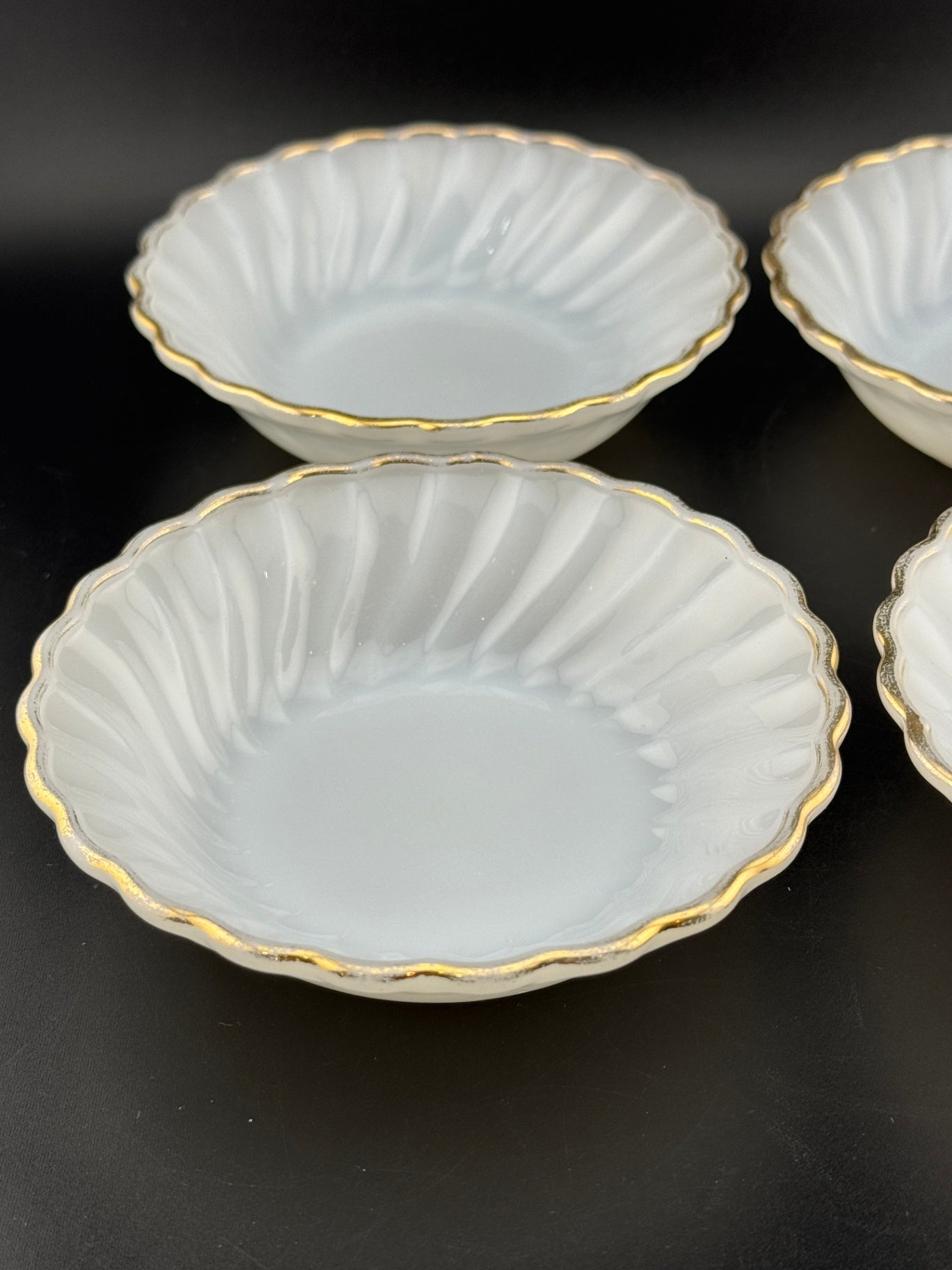 Vintage Anchor Hocking Gold Rimmed Milk Glass Berry Bowls - Set of 4