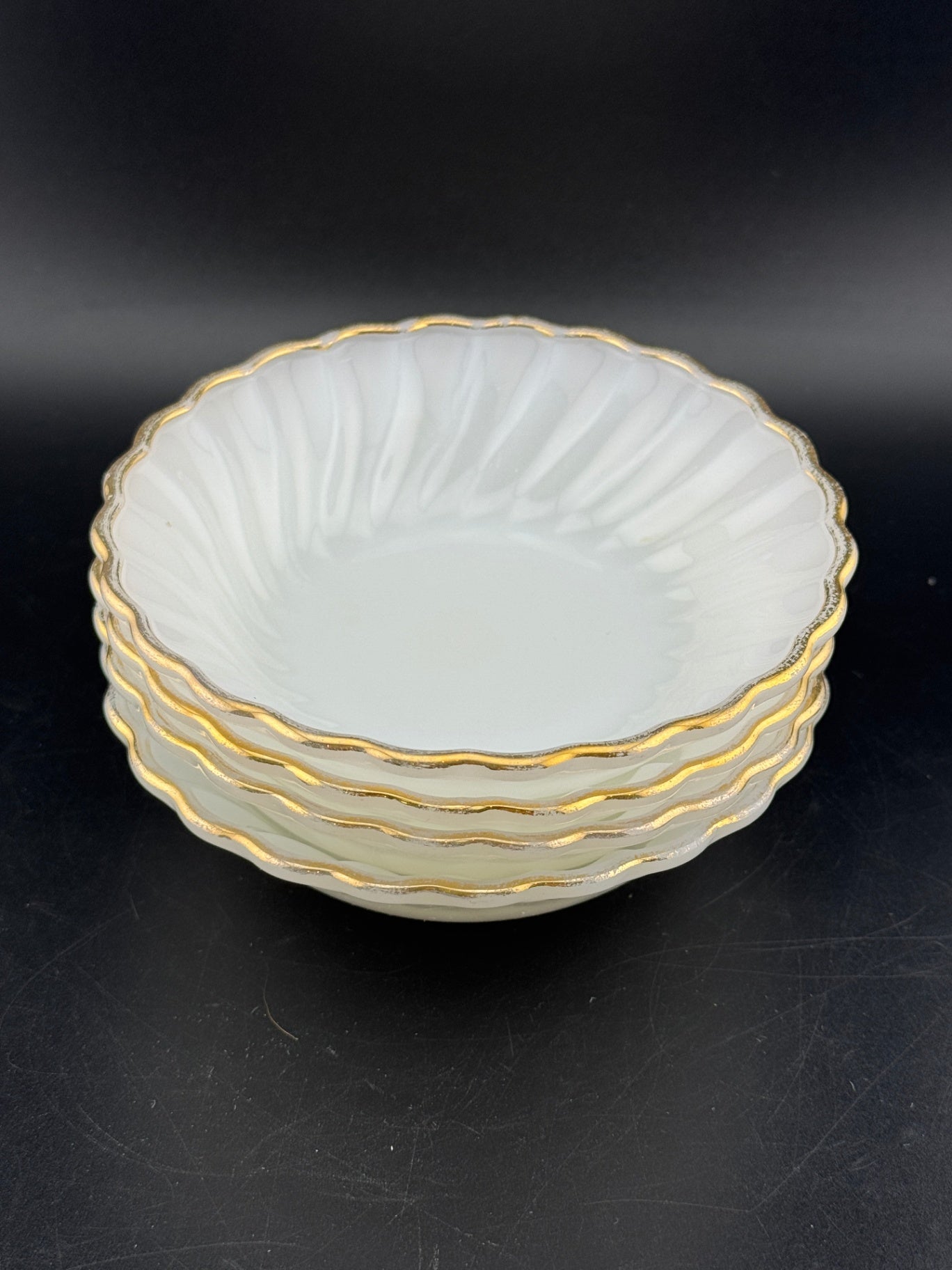 Vintage Anchor Hocking Gold Rimmed Milk Glass Berry Bowls - Set of 4