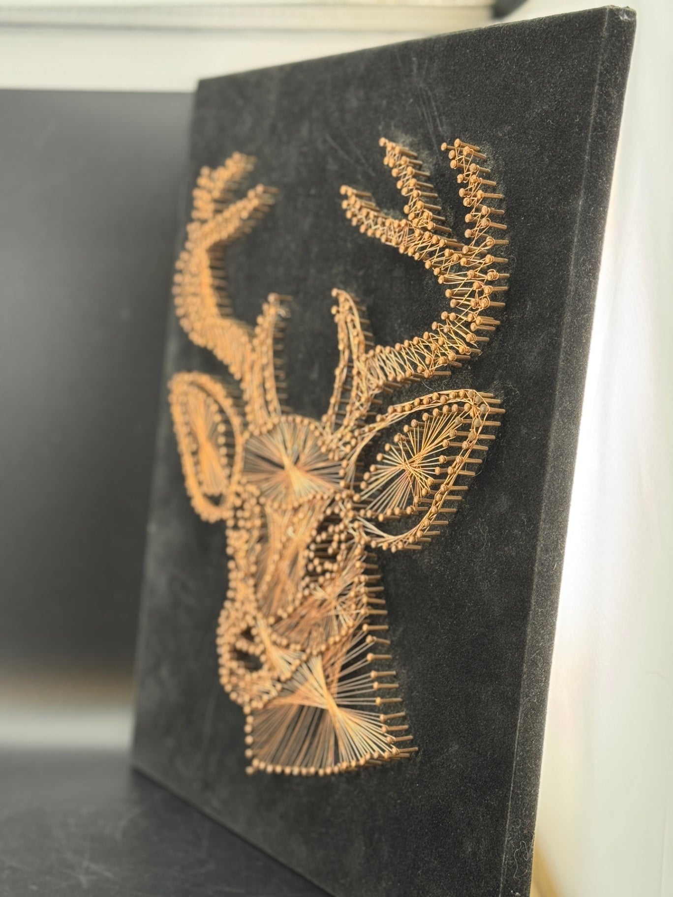 Handmade 1970's Copper Wire String Art on Black Velvet