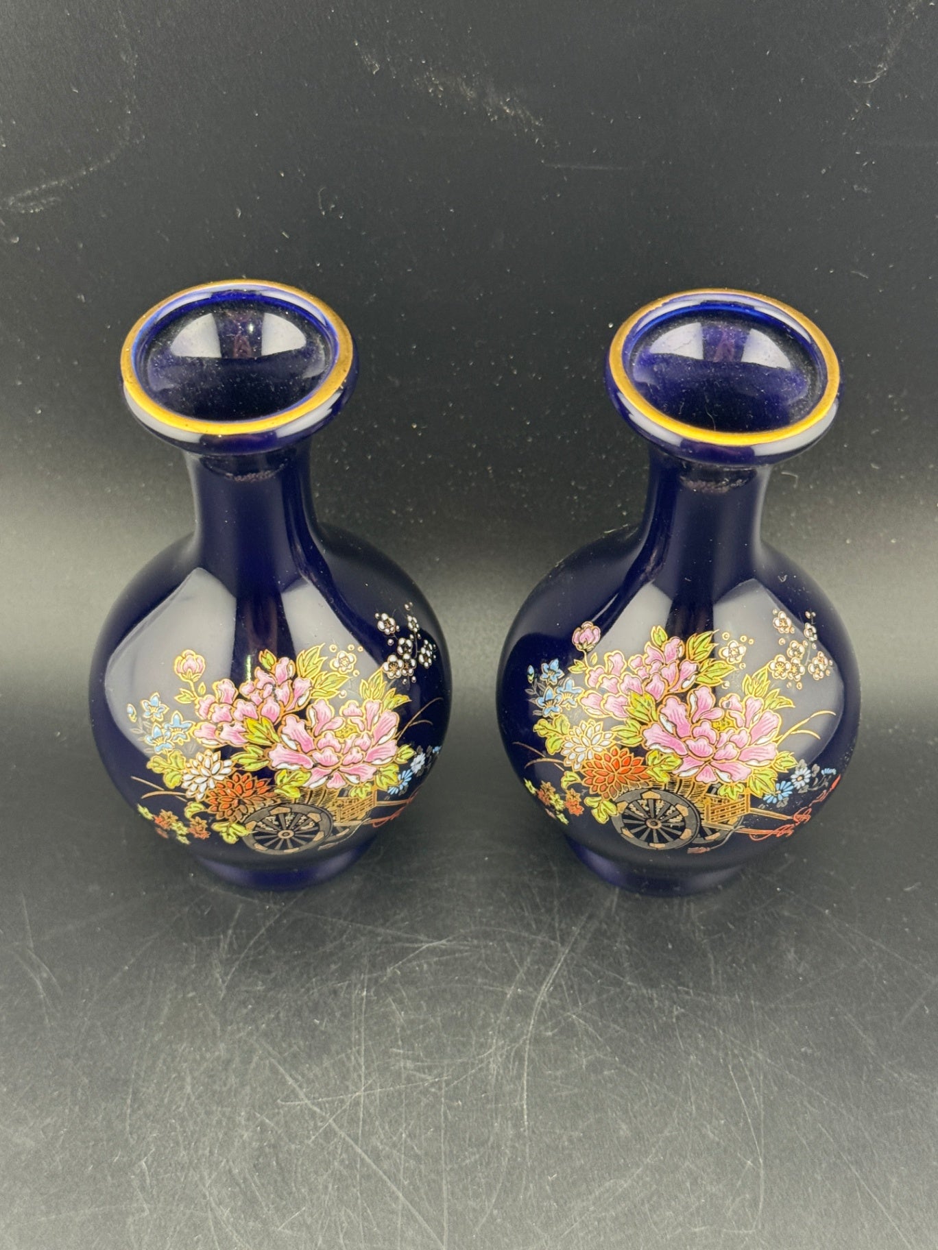 Vintage Kutani Cobalt Blue Porcelain Vase, Pair