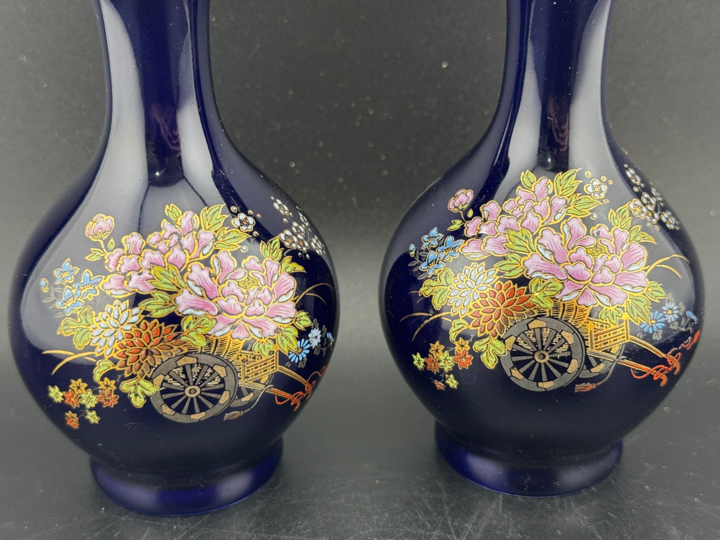 Vintage Kutani Cobalt Blue Porcelain Vase, Pair