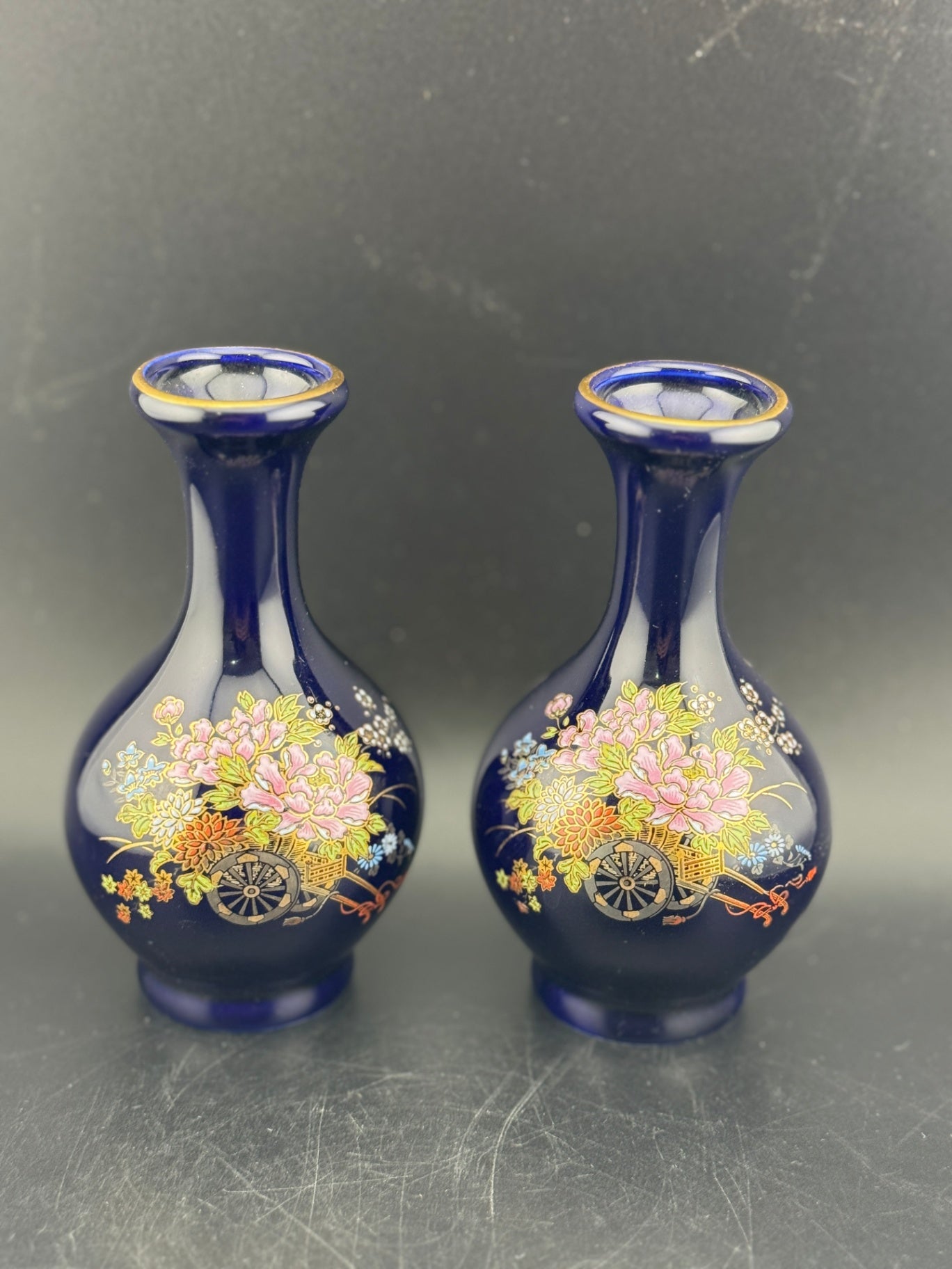 Vintage Kutani Cobalt Blue Porcelain Vase, Pair