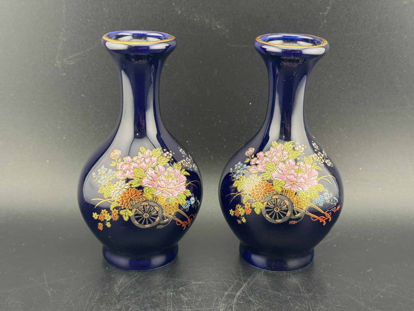 Vintage Kutani Cobalt Blue Porcelain Vase, Pair