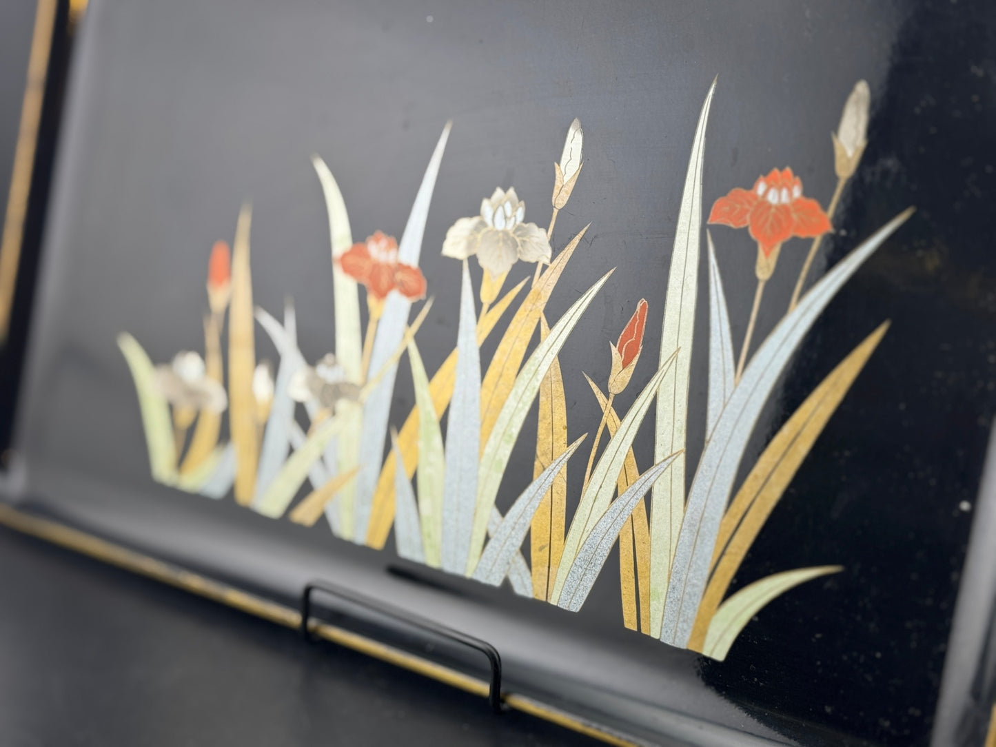 Vintage Otagiri Iris Black Laquer Tray