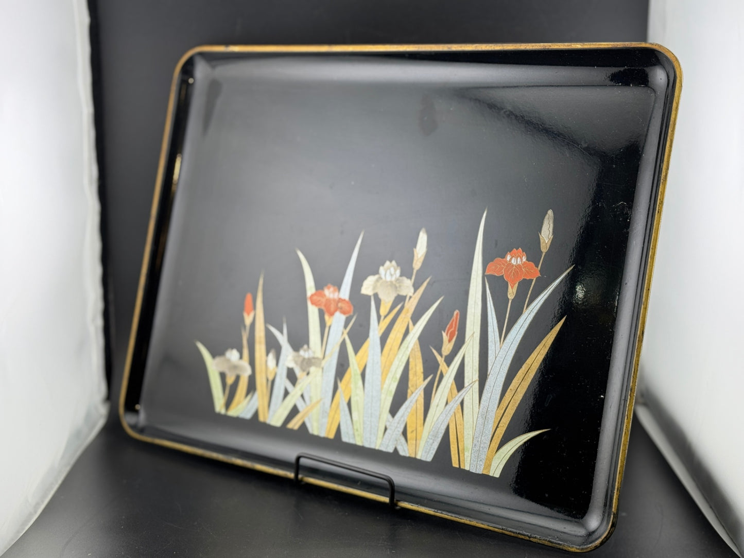 Vintage Otagiri Iris Black Laquer Tray